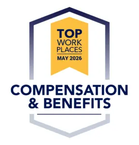 TWP-CE_Compensation_May_2026 Award badge reading 'Top Work Places May 2026' for Compensation & Benefits