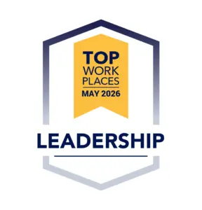 TWP-CE_Leadership_May_2026 Leadership badge announcing 'Top Work Places May 2026' with a navy shield outline and yellow ribbon, plus 'LEADERSHIP' text below.
