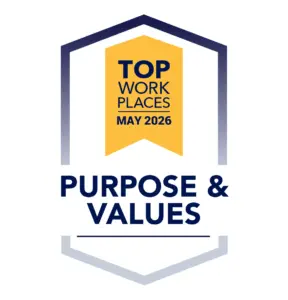 TWP-CE_Purpose_May_2026 Shield-shaped badge: "Top Work Places May 2026" with a yellow ribbon and "Purpose & Values" text below.
