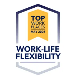 TWP-CE_Work-Life_May_2026 Shield badge reading 'Top Work Places May 2026' with 'Work-Life Flexibility' emphasized in bold blue text.