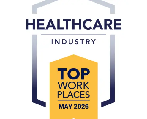 Award badge: Healthcare Industry Top Workplaces May 2026, featuring a yellow ribbon/banner with dark blue text and a blue framed arch motif.