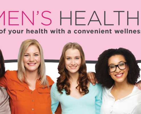 A group of women looking healthy and happy; text says Women’s Health Day: Take charge of your health with a convenient wellness experience