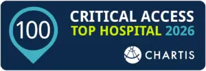 Award badge: '100 Critical Access Top Hospital 2026' with Chartis logo on dark blue background