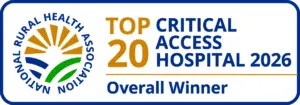 Award badge: 'Top 20 Critical Access Hospital 2026 Overall Winner' with Rural Health Association logo on the left.