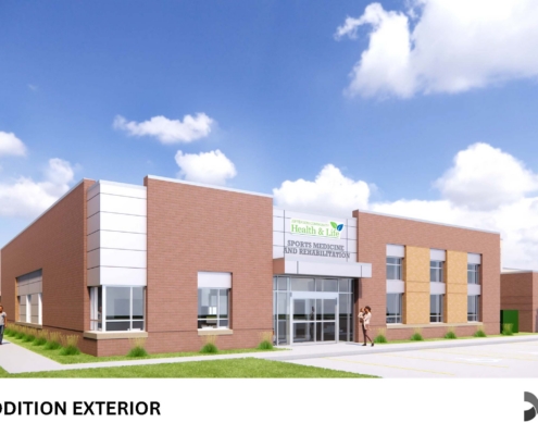New brick medical office building exterior with a bright blue sky and white clouds; sign reads Health & Life on the façade.