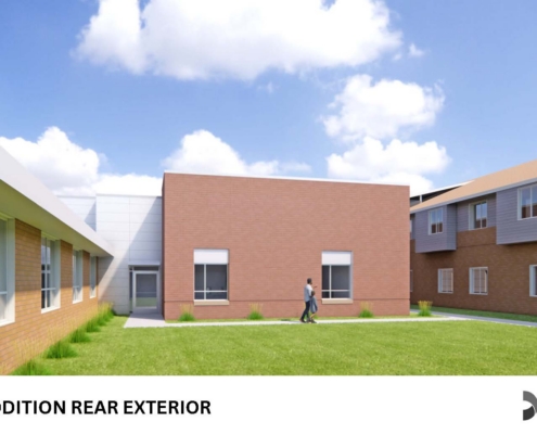 Rendering of a brick rear exterior addition to a building, with a green lawn and two people walking in front.