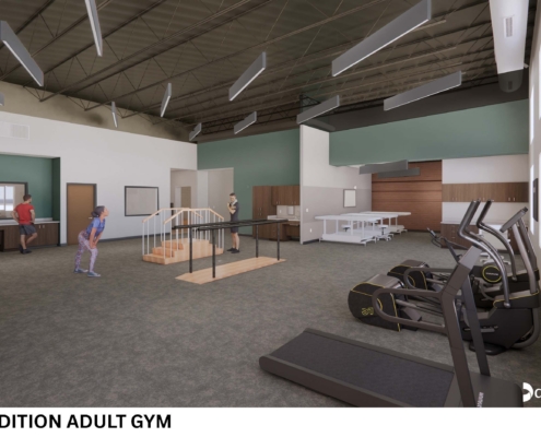 Spacious gym interior with treadmills on the right, a center stair-climber, and people exercising; high ceiling with suspended panels.