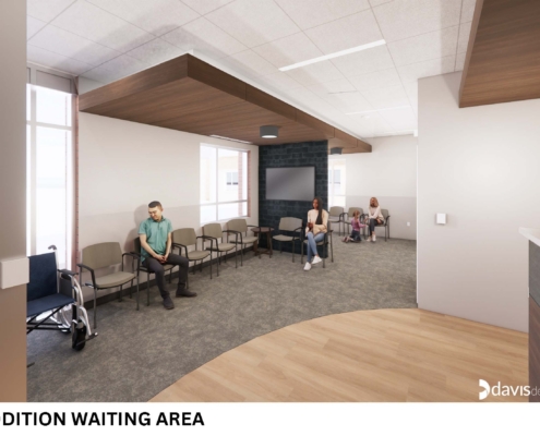 Modern waiting area with row of beige chairs along walls, large windows, and a dark brick accent wall with a mounted TV; three people seated.