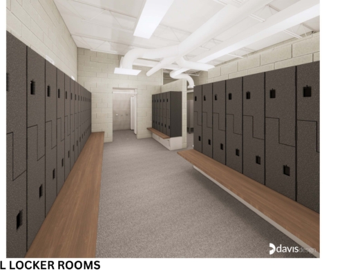 Long view of a pool locker room hallway with dark gray lockers on both sides and wooden benches along the wall under bright ceiling ducts.
