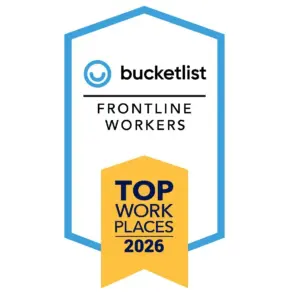 Award badge reading 'bucketlist Frontline Workers Top Workplaces 2026' with a blue border and a yellow ribbon Perth? (blue border badge with logo and ribbon)