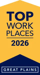 Award badge reading 'TOP WORK PLACES 2026' with a Great Plains logo on a blue base