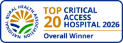 National Rural Health Association Top 20 Critical Access Hospital 2026 Overall Winner badge with logo on white and blue border.
