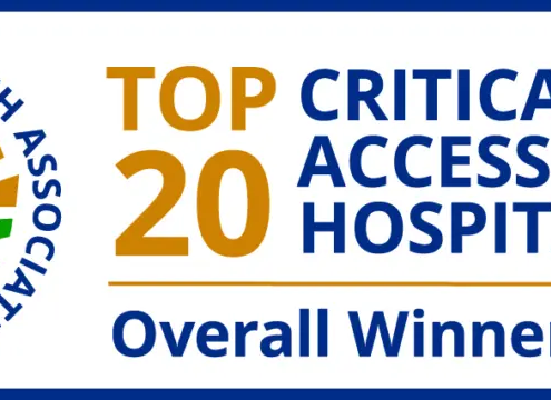 National Rural Health Association Top 20 Critical Access Hospital 2026 Overall Winner badge with logo on white and blue border.