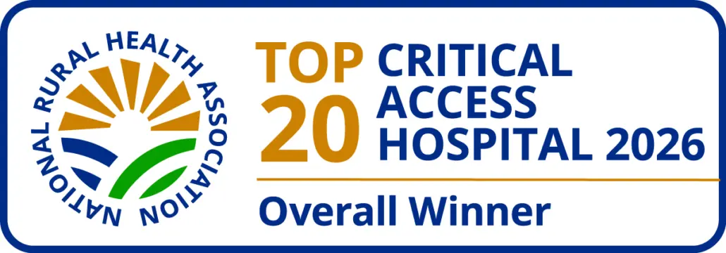 National Rural Health Association Top 20 Critical Access Hospital 2026 Overall Winner badge with logo on white and blue border.