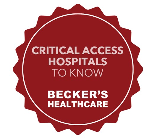 Red circular seal badge reading 'CRITICAL ACCESS HOSPITALS TO KNOW' and 'BECKER'S HEALTHCARE' for a logo/award context