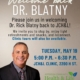 Professional poster announcing Dr. Blatny's return and clinic event; includes smiling man in suit on left and event details in bold text.