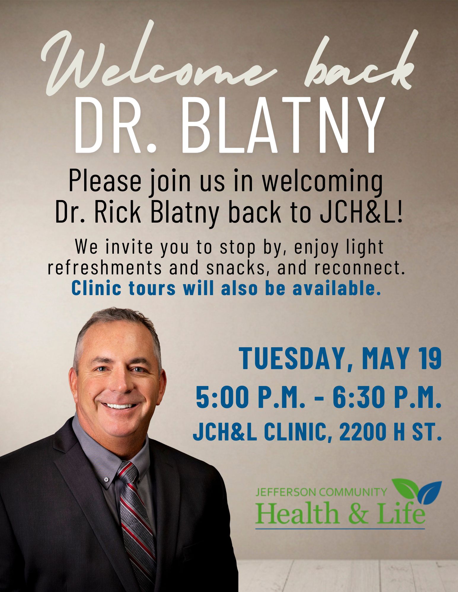 Professional poster announcing Dr. Blatny's return and clinic event; includes smiling man in suit on left and event details in bold text.