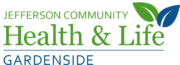 Jefferson Community Health & Life logo featuring green 'Health & Life' text, blue leaf graphics, and 'Gardenside' in blue underneath.