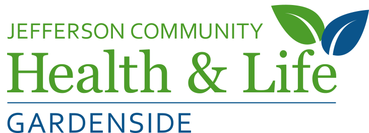 Jefferson Community Health & Life logo featuring green 'Health & Life' text, blue leaf graphics, and 'Gardenside' in blue underneath.